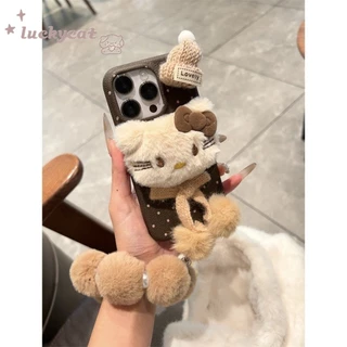 IPhone 16 15 14 13 12 11 Pro Max X Xr Xs Max 7 8 Plus SE2020 เคสโทรศัพท์น่ารัก 3D DIY หมวกตุ๊กตาผ้าพันคอแมวนุ่ม + Lanyard ฝาหลัง