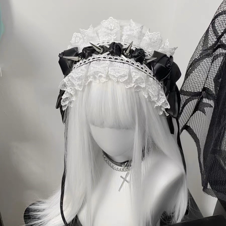 Hand-made Lolita ฮาโลวีนสไตล์โกธิคแถบคาดศีรษะเอเชียวัฒนธรรม Headwear ลูกไม้ Rivets สไตล์ฮาราจูกุอุปกรณ์เสริม