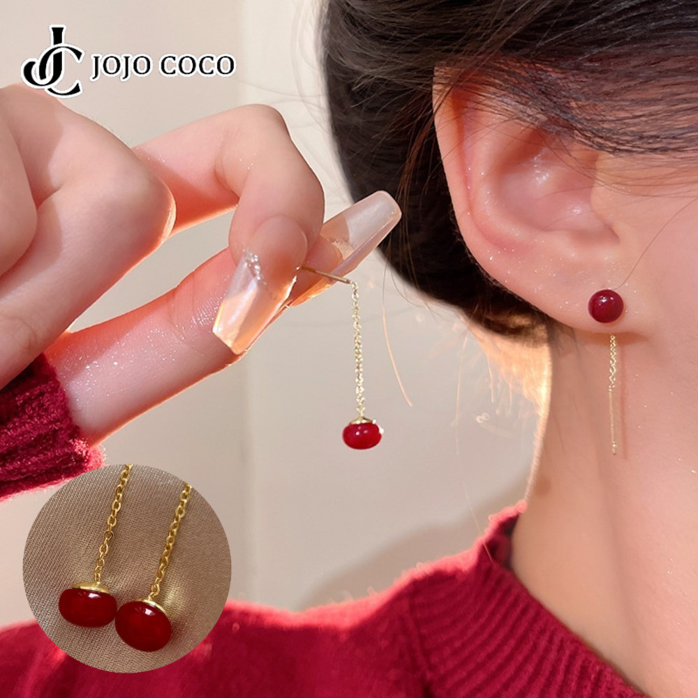 Jojo COCO ต่างหูพู่มุกย้อนยุคสีแดง 2025 สําหรับผู้หญิงต่างหูแฟชั่น