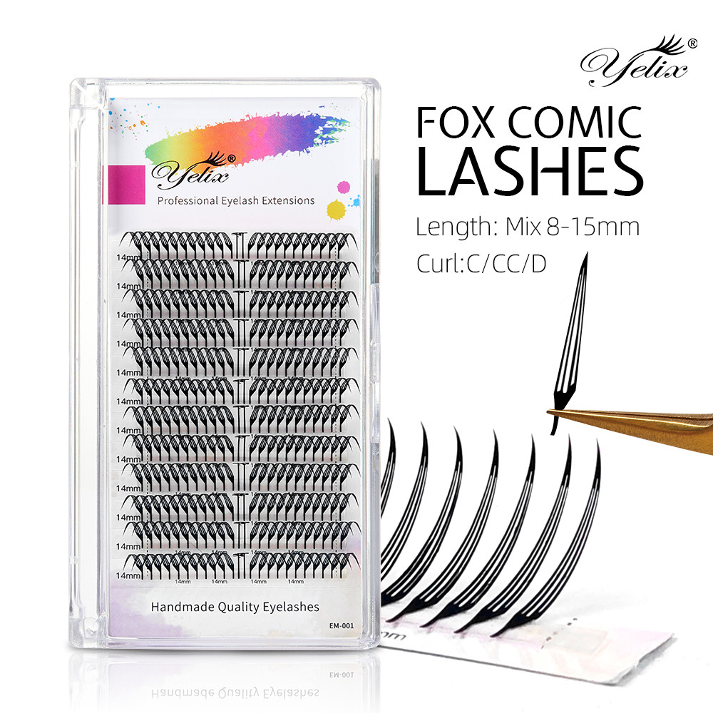 Yelix Fox การ์ตูน Spire Lashes Premade แฟนขนตา Natural Soft Volume False Lashes