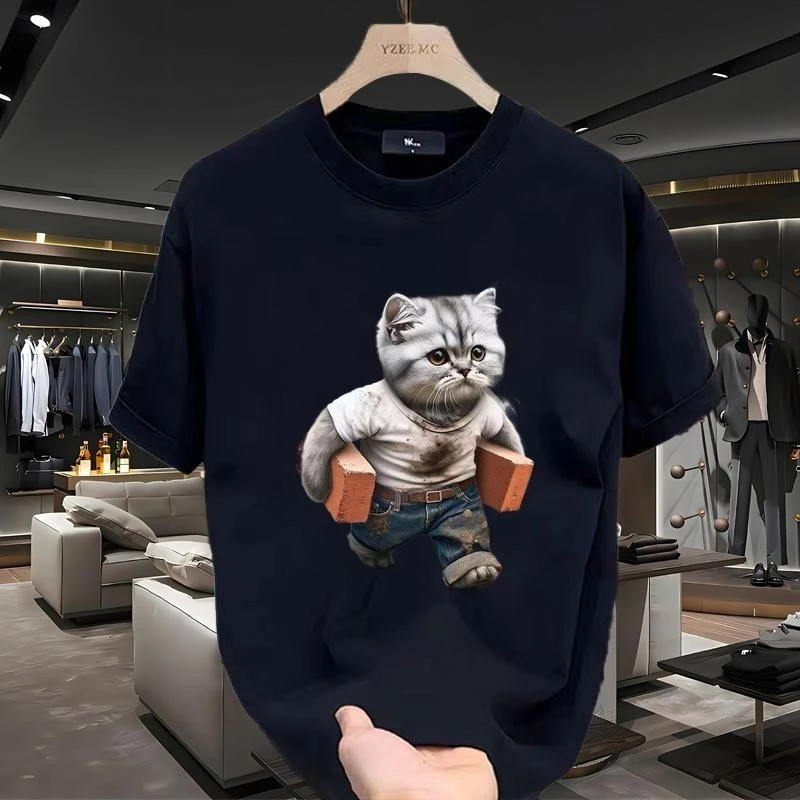 เสื้อลายแมว เสื้อเชิ้ตแขนสั้น ลาย  ฮิตมากในยุคนี้ แฟชั่นฤดูร้อน, คอกลม, แขนสั้นลำลอง