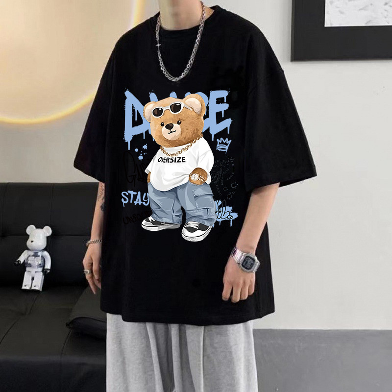เสื้อยืดคอกลม oversize ลายหมีฮิปฮอป สไตล์ลำลอง ผ้านุ่ม ใส่สบาย