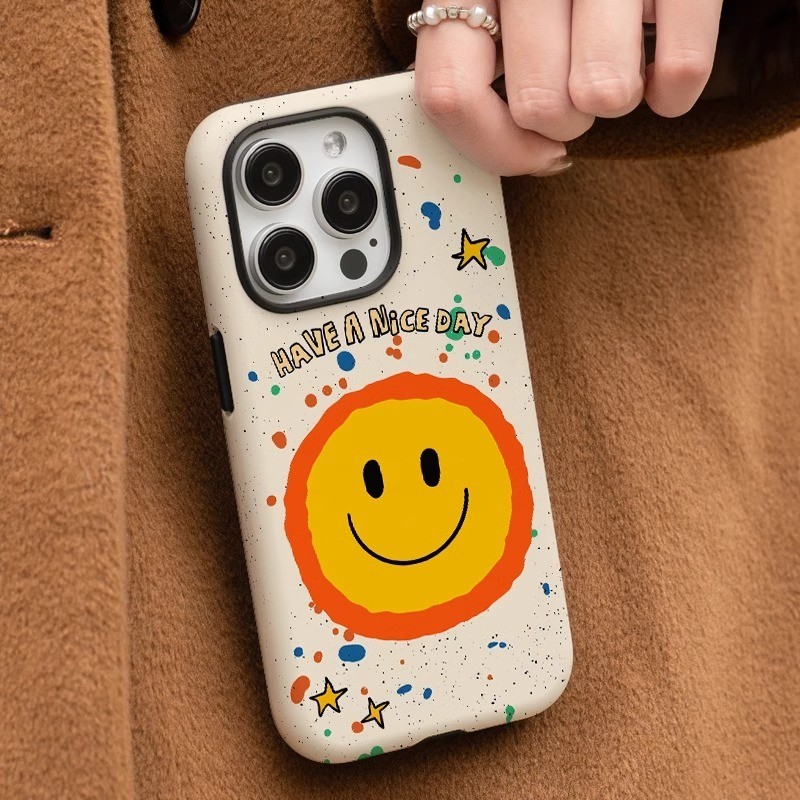 เคสโทรศัพท์ลายกราฟฟิตี้หน้ายิ้มสีเหลืองสำหรับ iPhone 13 15Pro 11 14ProMax XS 16plus 15ProMax 7plus 16ProMax XS 16Pro 12Pro 8plus เคสป้องกันกันกระแทกแบบสองในหนึ่งเดียว
