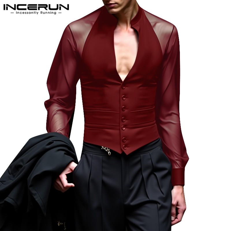 Incerun ผู้ชาย Vintage Elegant Party V คอดูผ่านตาข่าย Splicing ปุ่มเสื้อ