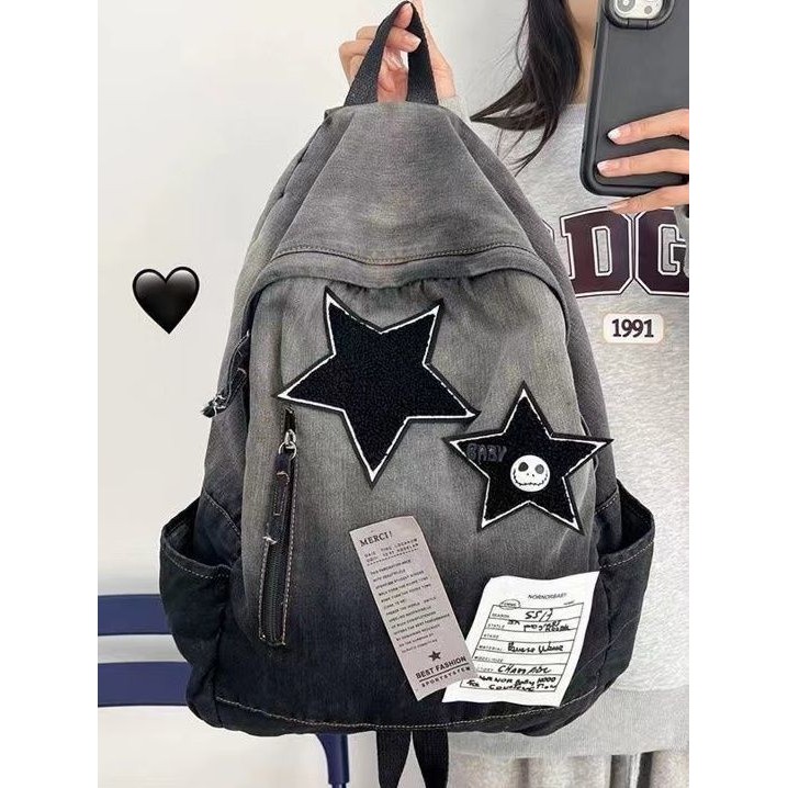 15392 คนสรรเสริญกระเป๋าเป้สะพายหลังผ้าใบล้างไล่โทนสี 20245392成人好水洗方领肩包2024大书牛仔布大容量小众复古众复包08.32