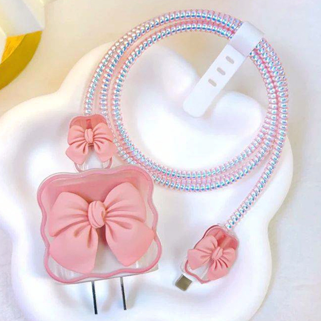 Charger 5 ชิ้นชุดสําหรับ iPhone 18 W/20 W Gradient สี 3D Love Heart หวาน Bowknot ตกแต่งชาร์จ Protector เกลียวห่อ Soft TPU สายกัด