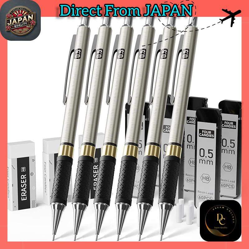 Four Candies Metal Mechanical Pencil Set - Includes 6 Art Mechanical Pencils (0.5mm, 0.7mm, 0.9mm), 