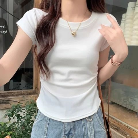 ผ้าฝ้ายแท้ 40 นับ 210g 92 Cotton 8 Spandex Slim-fit Chic Tops ขนแกะเข็ม Me Grid DDL5