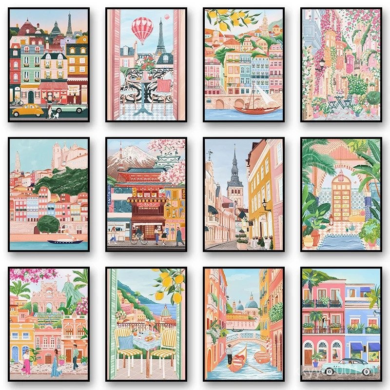 โปสเตอร์และภาพพิมพ์ทิวทัศน์การเดินทางในปารีส โตเกียว ญี่ปุ่น เมืองเช็ก ศิลปะผ้าใบสำหรับตกแต่งห้องนั่