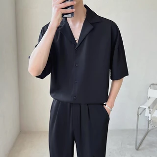 ACHSAWAKE เสื้อเชิ้ตผู้ชาย ทรงหลวม แขนสั้น เทรนด์ผ้าไหมน้ำแข็งขั้นสูง