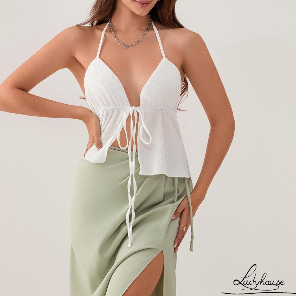 LDD-ผู้หญิง Halterneck Crop Tops ฤดูร้อนสีทึบผ้าพันคอเปิดด้านหน้า Backless เสื้อแขนกุด Streetwear