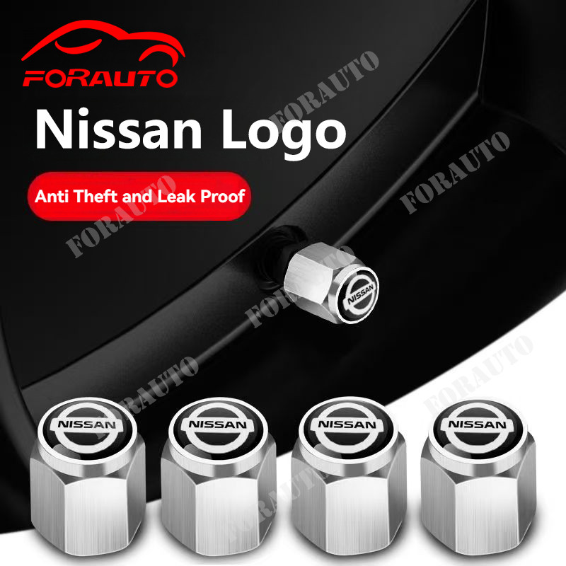 จุกลมยางรถยนต์ พร้อมโลโก้  จุกปิดลมยาง ฝาปิดจุกลม ยางรถยนต์ Nissan/นิสสัน สีขาว/สีดำ 1 ชุด (4 อัน) - Car Tire Valve Caps