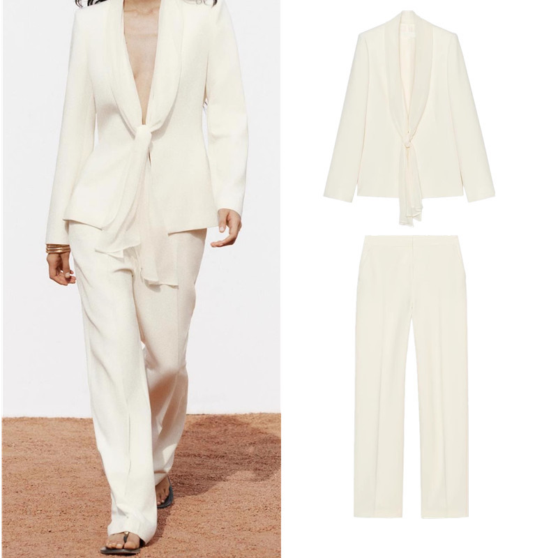 ZARA เบลเซอร์แขนยาวผ้าพันคอแบบบาง2742507 กางเกงขายาวเอวสูงทรงกระบอก2424507