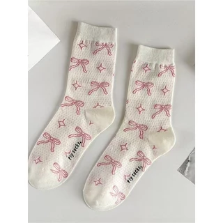 🍓EnJoy🍓พร้อมส่ง (WZ-04) ถุงเท้าข้อยาว ประดับโบว์ น่ารักหวาน สไตล์เกาหลี สำหรับผู้หญิง