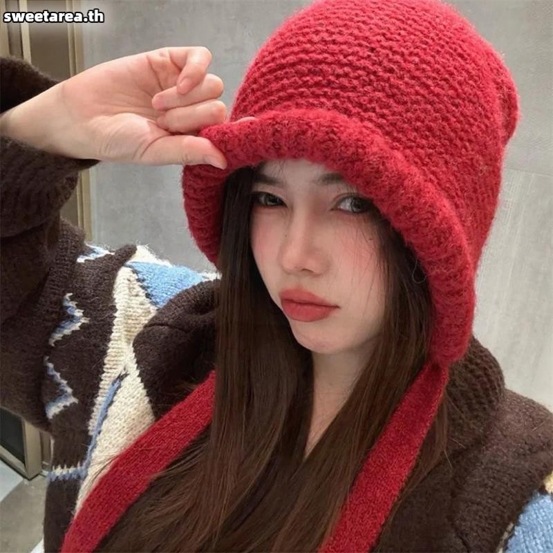 2024 ฤดูหนาวใหม่หมวกผู้หญิง หมวกไหมพรม สีทึบนุ่มยืดหยุ่นถักอเนกประสงค์แนวทแยงข้ามกระเป๋าหมวกเย็น