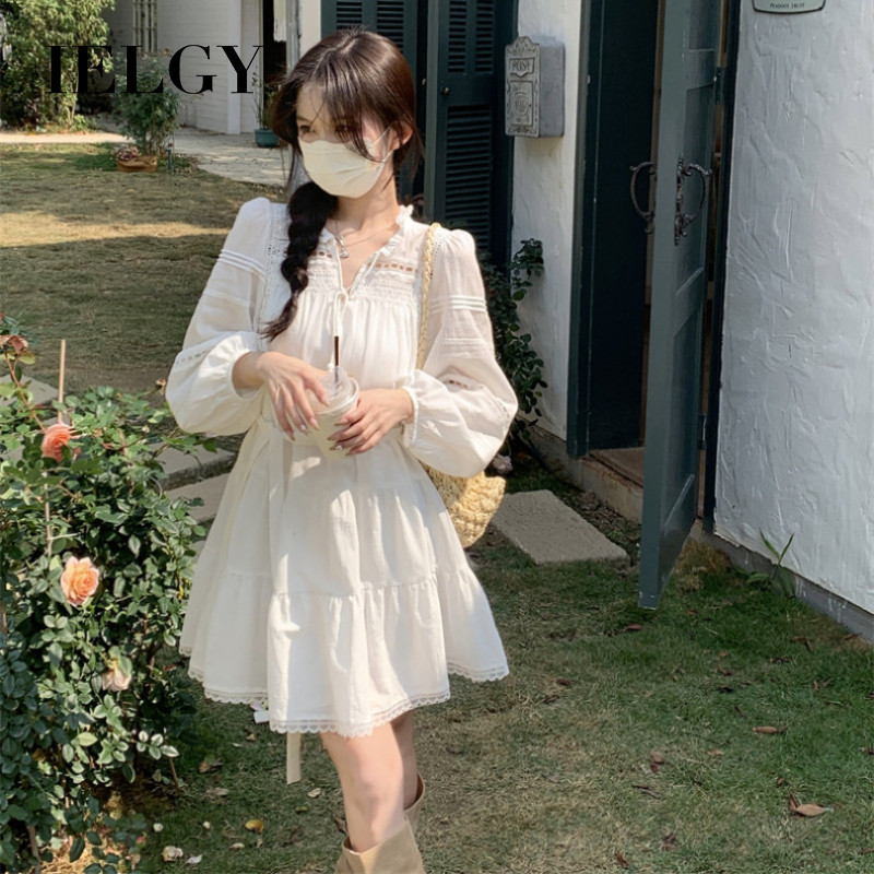 IELGY กลวง ฝรั่งเศสแขนยาวชุดผู้หญิงฤดูใบไม้ร่วงโบฮีเมียนหลวมกระโปรงสั้น