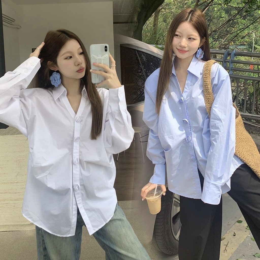 mimi&didi#เสื้อเชิ้ตแขนยาวคอวีปุ่มลายดอกไม้น่ารักทรงหลวม เสื้อแฟชั่นสตรีคุณภาพสูง ลำลอง เนื้อผ้าไม่ยับง่าย#W482