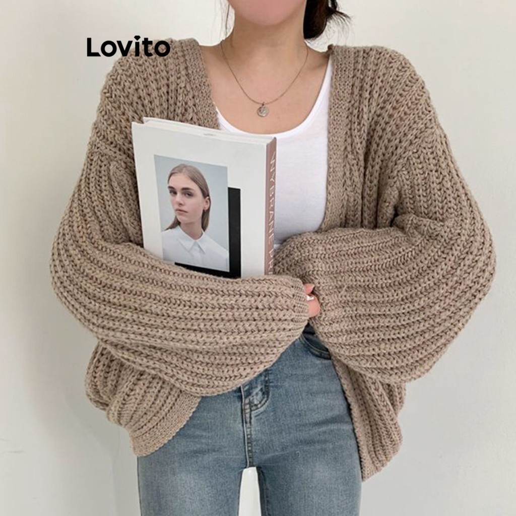 Lovito เสื้อคาร์ดิแกนผู้หญิง สไตล์ลำลอง สีพื้น เบสิก LNA29158 (สีกากี/เทา/ออฟไวท์)