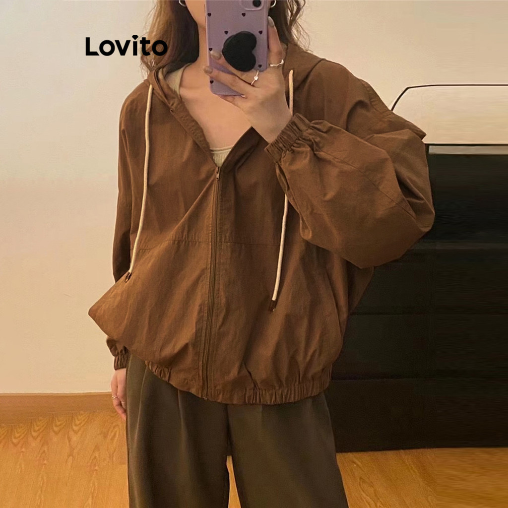 Lovito เสื้อแจ็กเก็ตผู้หญิง เชือกผูก ซิปรูด สีพื้น สไตล์ลำลอง LNE29275 (สีน้ำตาล/สีดำ)