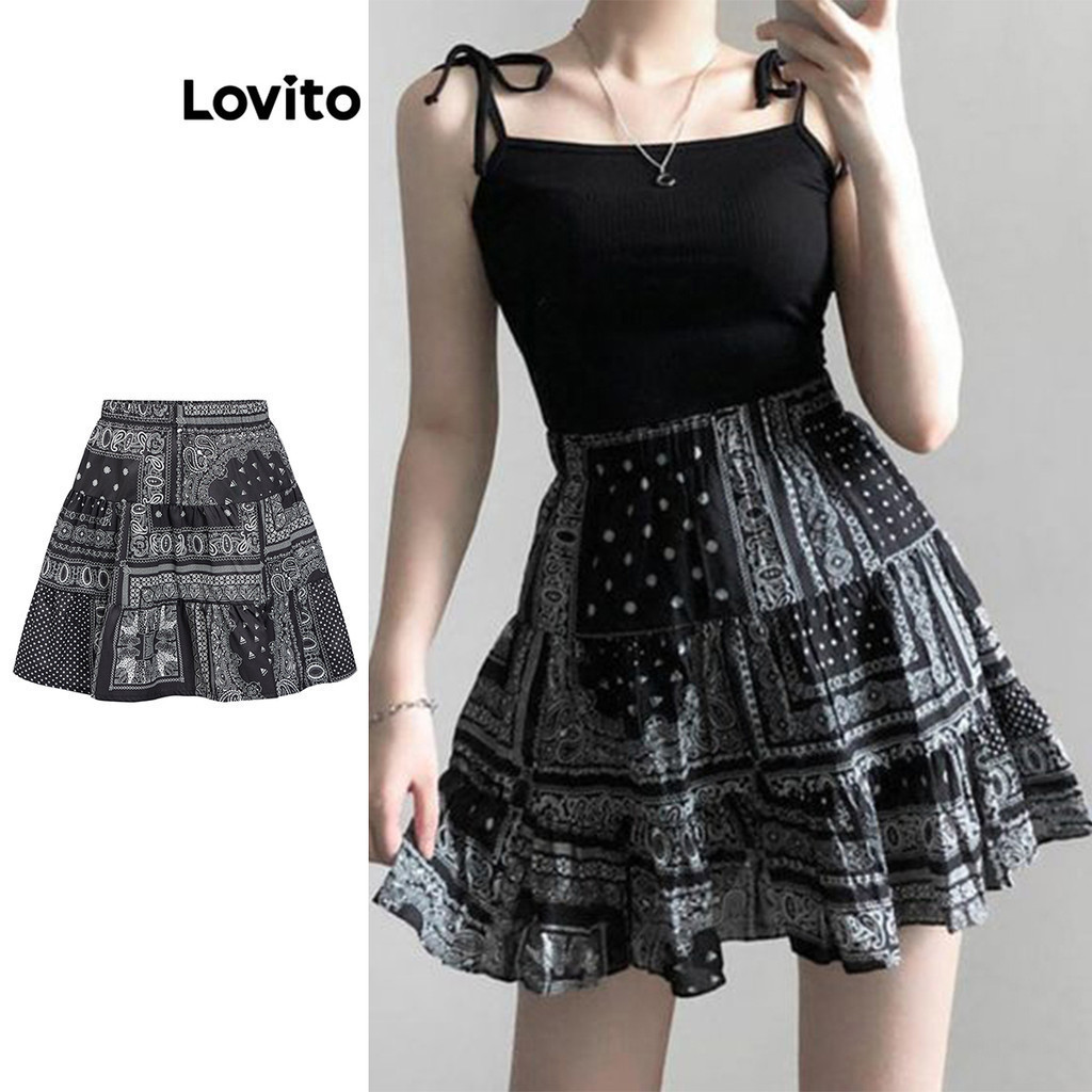 Lovito กระโปรงผู้หญิง พิมพ์ลายชนเผ่า ชายแต่งระบาย สไตล์โบโฮ L87ED129