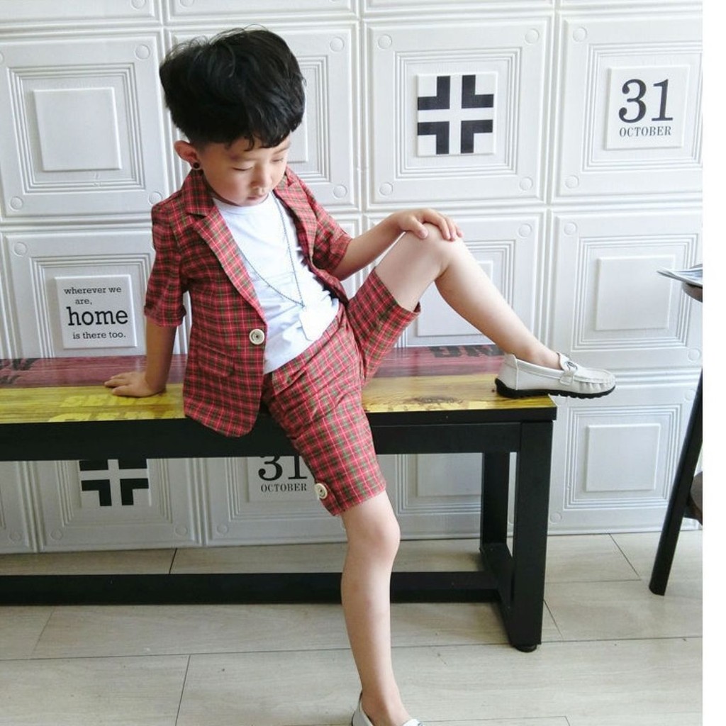#男童小格子西装套装款儿童走秀表演服宝宝短