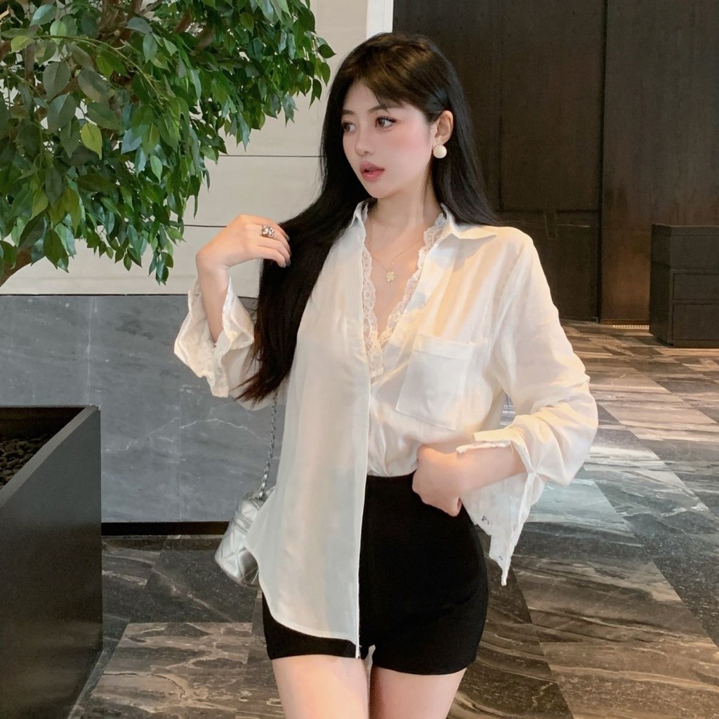 ข เสื้อเบลาส์ผ้าฝ้ายผ้าลินินสีขาวฤดูใบไม้ร่วงของผู้หญิงสไตล์เกาหลีแขนยาวลูกไม้คอวียาวปานกลาง ราคา ถูกที่สุด ดีลบีเคเค แกลเลอรีภาพที่ 7