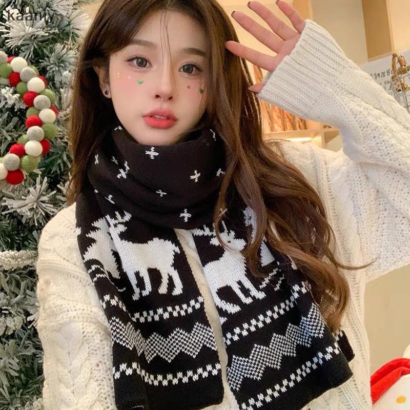[KAN] ฤดูหนาวที่อบอุ่นผ้าพันคอสําหรับผู้หญิงผู้ชายกวางกวางกวางเอลค์ผ้าพันคอถักสองด้านแฟชั่นอเนกประสงค์ผ้าคลุมไหล่ทําด้วยผ้าขนสัตว์สาวคริสต์มาสปัจจุบัน FXH