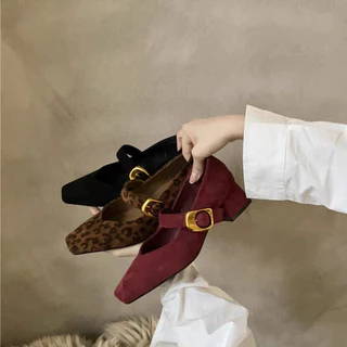 Atikota รองเท้าส้นสูงผู้หญิง Mary Jane แฟชั่น Retro สไตล์ One-line Buckle Square Toe รองเท้า