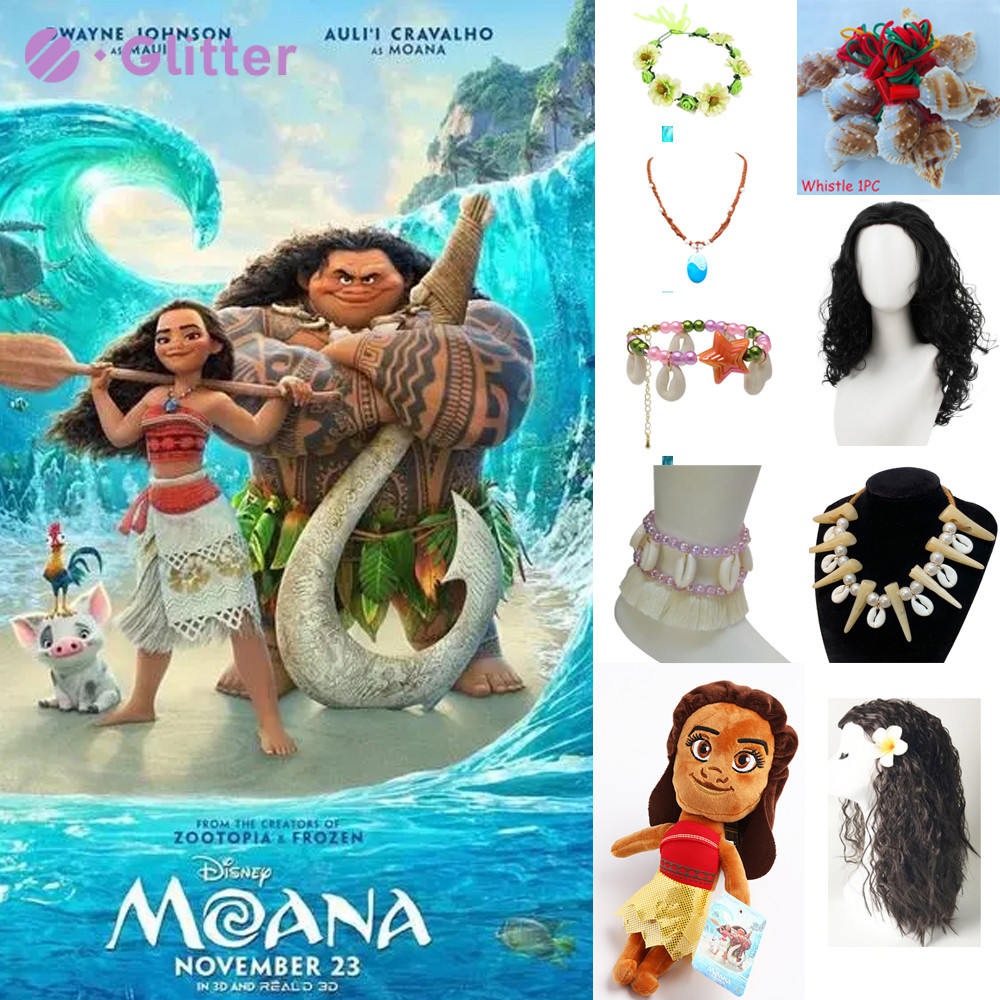 Disney Moana 2 คอสเพลย์สร้อยคอสร้อยข้อเท้าวิกผมตุ๊กตากระเป๋า Accessries สําหรับผู้ใหญ่เด็กผู้หญิง Maui สร้อยคอฮาโลวีน Props Dress Up