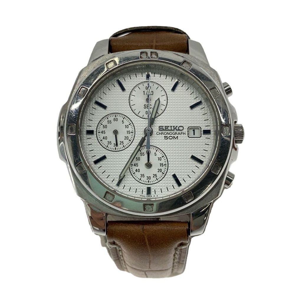 Seiko(K) Seiko Mens Watch Quartz Analog Leather Wht Brw 7T92-0Ca0 ส่งตรงจากญี่ปุ่น มือสอง
