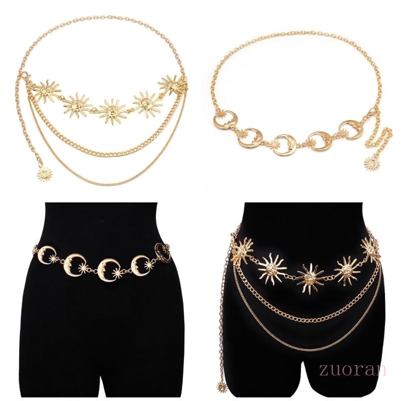 Zuo Gold Tone Body Chain Sun Moon เอวสําหรับสุภาพสตรีสไตล์ปรับความยาวเข็มขัดโลหะสําหรับเทศกาลดนตรี