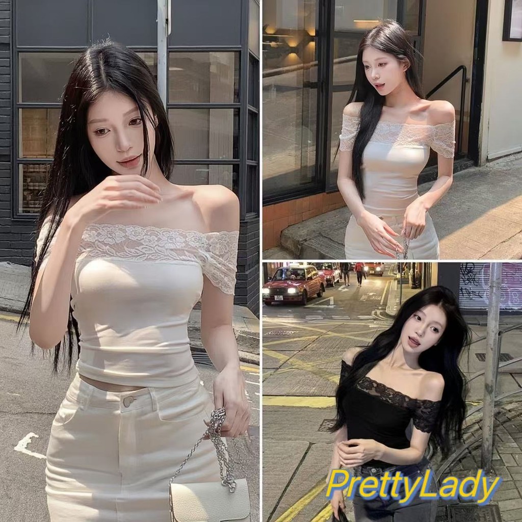 PrettyLady พร้อมส่ง เสื้อรัดรูปผู้หญิง. เสื้อยืดปาดไหล่ผ้ายืดเนื้อแน่นสวยงาม แต่งผ้าลูกไม้ ดีไซน์เก๋ๆ เซ็กซี่