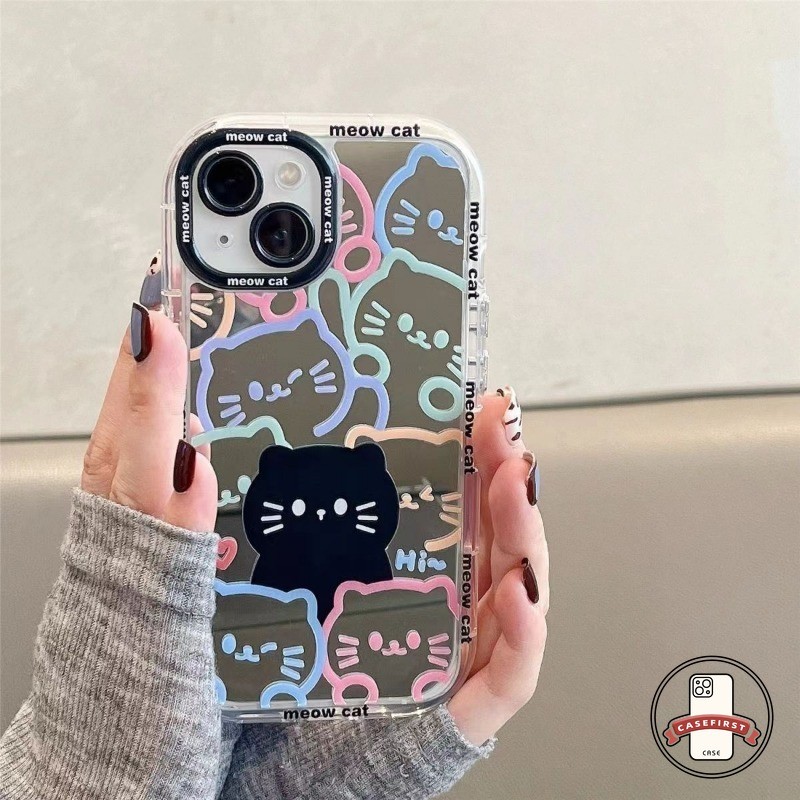 การ์ตูนแมวคิตตี้น่ารักทำกระจกนุ่ม เคส IPhone 15 16 11 13 14 12 Pro Max 7Plus XR X XS Max 7 8 14 15 16 Plus SE 2020