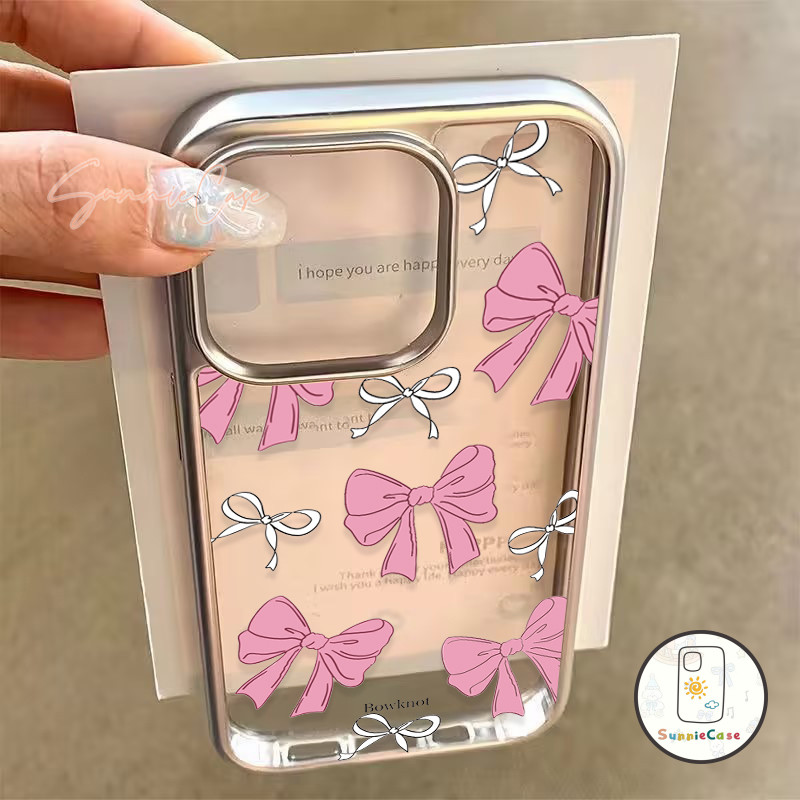 เคส IPhone 14 13 11 12 16 15 Pro Max 8 16 15 7 Plus X XS XR Max SE 2020 สีชมพู โบว์ น่ารัก โลหะ เรียบง่าย ไอโฟน เคส