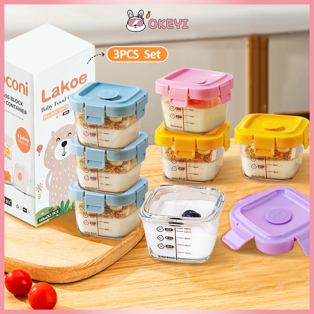 OKEYI กล่องข้าว กล่องแก้ว ปลอดภัยสำหรับเด็กเล็ก ถ้วยเด็ก 160ml เซต3ใบ อาหารทารกแช่แข็ง ถ้วยแก้วใส่อาหารเด็ก