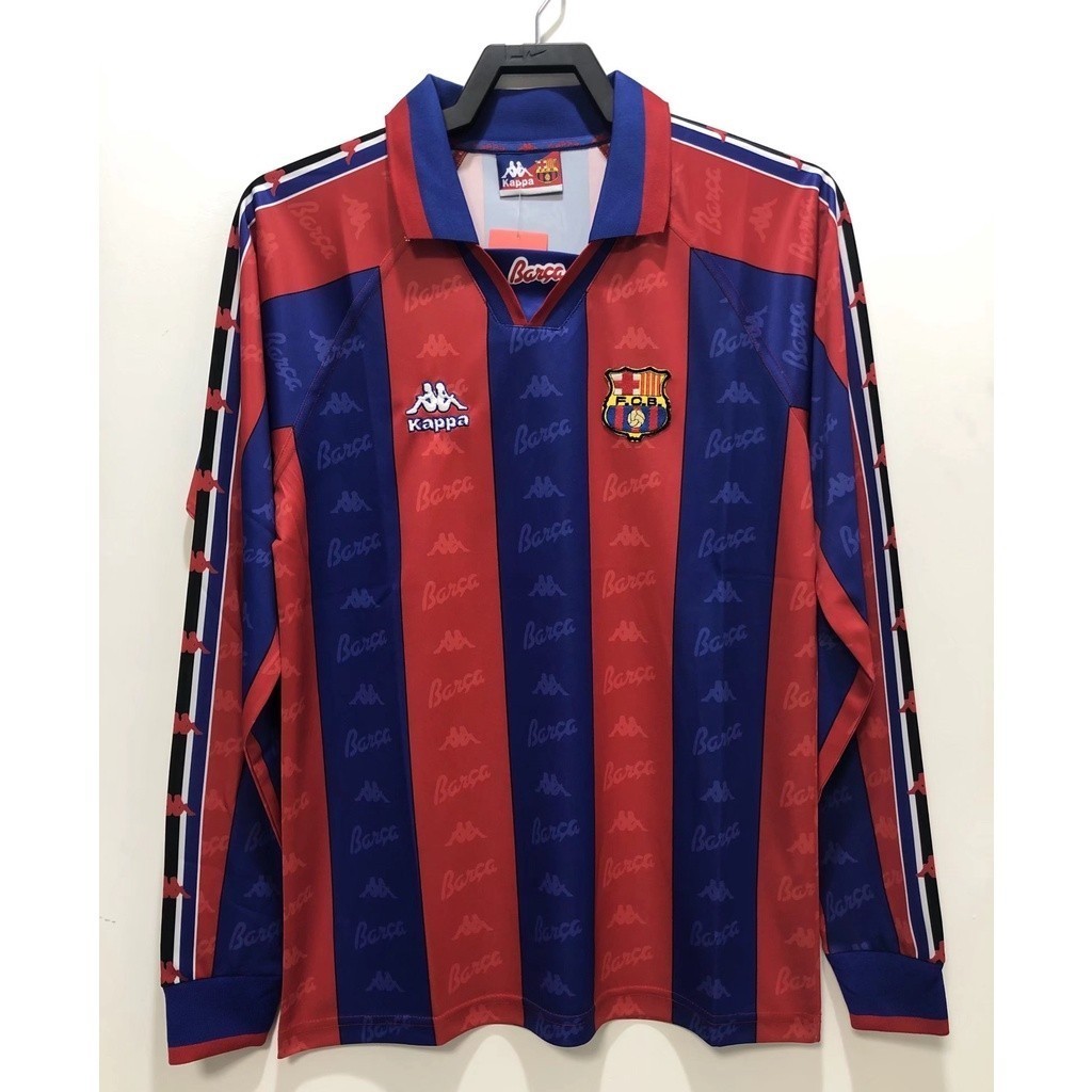 เสื้อเจอร์ซีย์ย้อนยุคสไตล์ใหม่ 96-97 เสื้อฟุตบอลกีฬาแขนยาว Barca Home