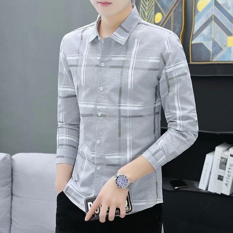 เสื้อลายสก๊อตผู้ชายสลิมฟิตหล่อธุรกิจสบายๆทุกการแข่งขันด้านบน