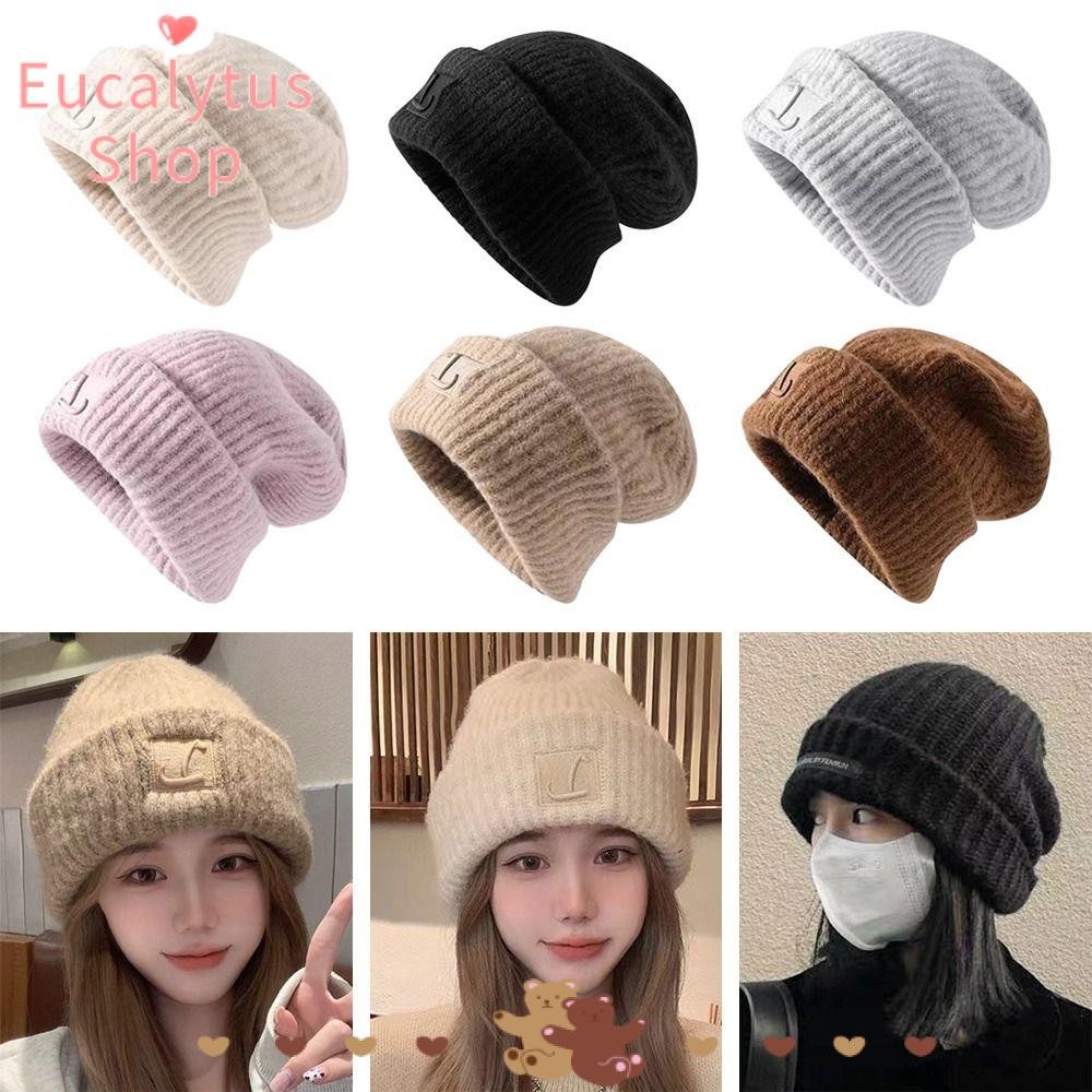 Eucalytus1 หมวกอบอุ่น, หมวกไหมพรมถักกันลม, ฤดูหนาวที่อบอุ่นสีทึบฮิปฮอป Bonnet