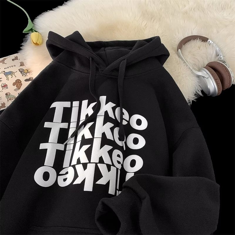 M-5xl ผู้ชายแขนยาวบาง Hoodie สไตล์เกาหลี Tikkeo พิมพ์แปรงเสื้อกันหนาวแฟชั่น Hooded เสื้อกันหนาว