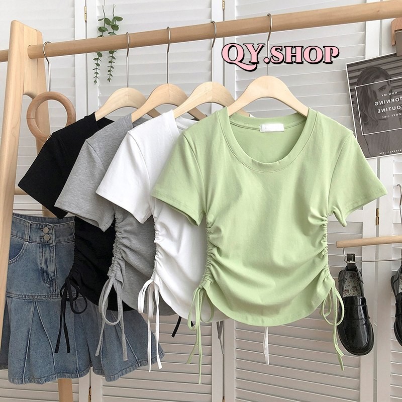 QY.Shop สินค้าราคาพิเศษ เสื้อไหมพรมแขนสั้น คอกลม ดีเทล ลายรูดปรับสั้นยาวได้2ข้าง "6A302"