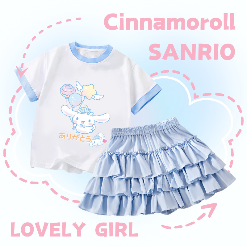 Cinnamoroll สาวชุดผ้าฝ้ายสีตัดกันแขนสั้นคุณภาพสูงกระโปรงเค้กขี้เล่นเด็กเจ้าหญิงฤดูร้อนชุดหวาน