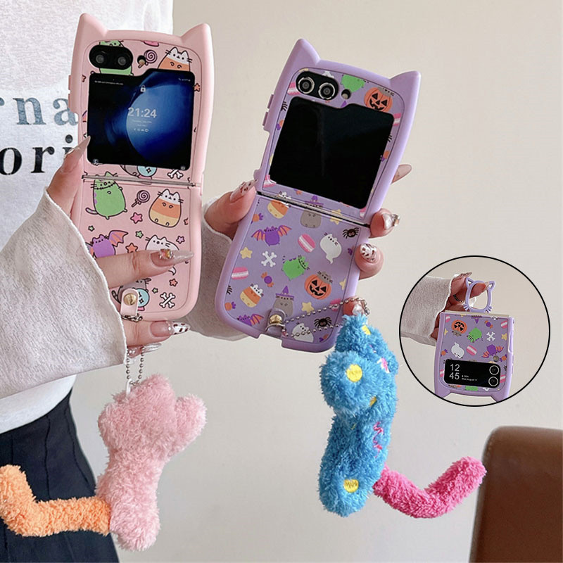 SAMSUNG น่ารักพิมพ์ลิ้นจี่หนังแมวหูกรณีที่มีตุ๊กตาตุ๊กตาจี้ซัมซุง กาแลคซี Z พลิก6พลิก5พลิก4/3แหวนปกนุ่ม ทีพียู ซิลิโคนปลอก พลิก6 พลิก5