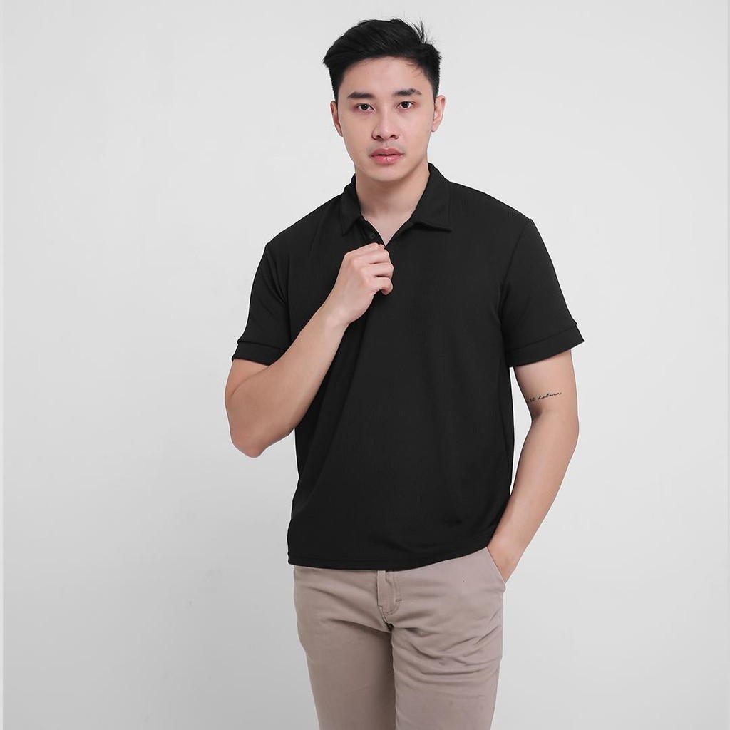 Lifesky Cavi Knit Polo Shirt Slim Fit Button Collar Mens Casual Official Basic - สีดํา