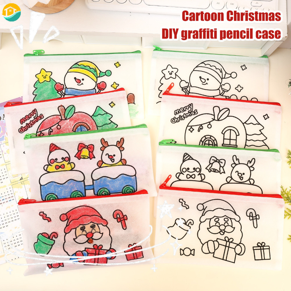 การ์ตูน Snowman Santa Claus ภาพวาด Graffiti ดินสอ - ธีมคริสต์มาส DIY ศิลปะกระเป๋าถือระบายสี Xmas Party Favors ของขวัญ