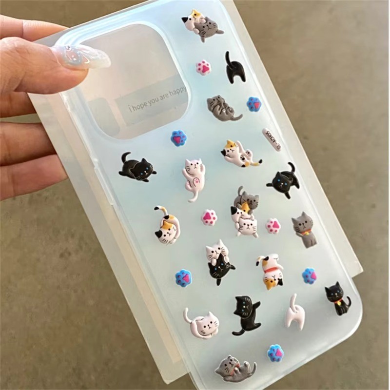 Ultra-thin Matte Catสติกเกอร์ซิลิโคนนุ่มสําหรับiPhone 16 15 14 Plus 13 12 11 Pro Max X XR XS Max 7 8 Plusเจลยางโปร่งใสกันกระแทก