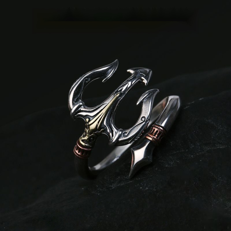 แหวน ยุโรปผลิตภัณฑ์ใหม่อเมริกัน Poseidon Trident Men Silver-Plated แหวนเดี่ยวที่ไม่ซ้ํากัน Creative Seiko การผลิตอินเทรนด์ครอบงํา High-End All-Match เปิดปรับอุปกรณ์เสริม
