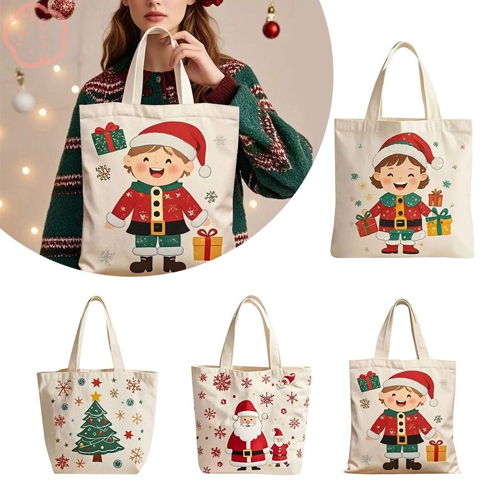 Mioshop Candy Bag กระเป๋าผ้าแคนวาสลําลองคริสต์มาส กระเป๋าสะพายลายการ์ตูนความจุขนาดใหญ่แฟชั่น