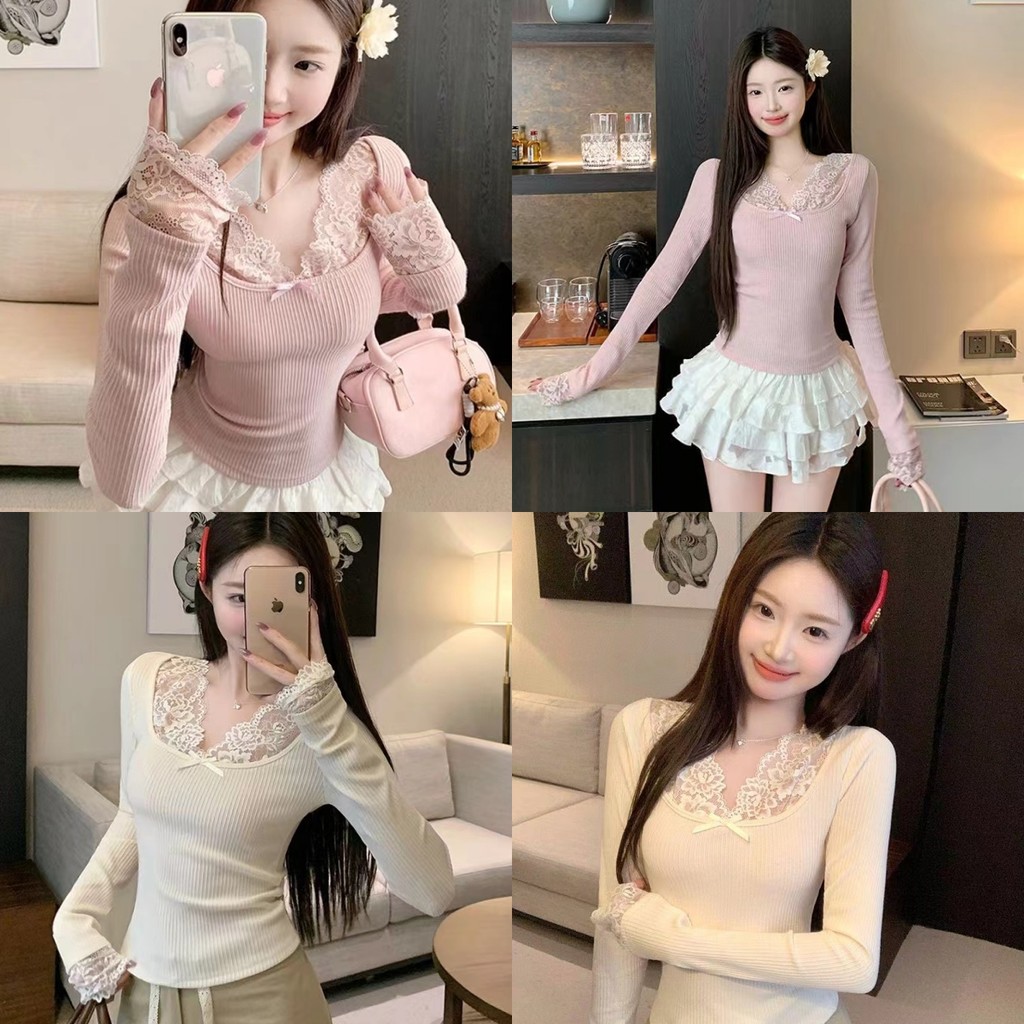 Evelyn เสื้อไหมพรมแขนยาว แต่งลูกไม้ เซ็กซี่ สไตล์เกาหลี คอวี ดีเทลผ่าร่องเล็ก น่ารัก ​พร้อมส่ง#8K153