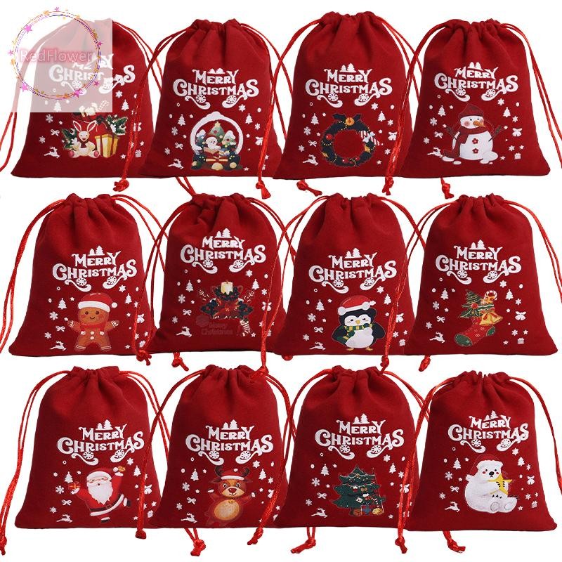Redflower Drawstring กระเป๋ากํามะหยี่คริสต์มาสสีแดงถุงบรรจุภัณฑ์ของขวัญ Candy บิสกิตกระเป๋า Merry Christmas สร้อยข้อมือกระเป๋าเก็บเครื่องประดับ TH