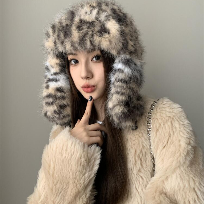 เสือดาวพิมพ์หมวกอบอุ่นกลางแจ้งหนาตุ๊กตาหมวกสไตล์ ไม่จํากัดเพศ - รูปที่ 2